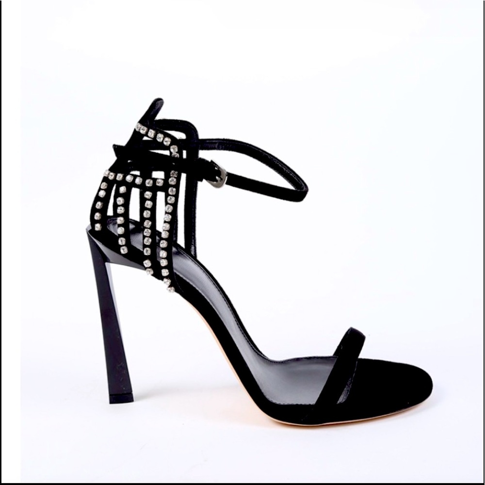 Lanvin Black Suede Crystal Embellished Heeled Sandals SZ 38/7